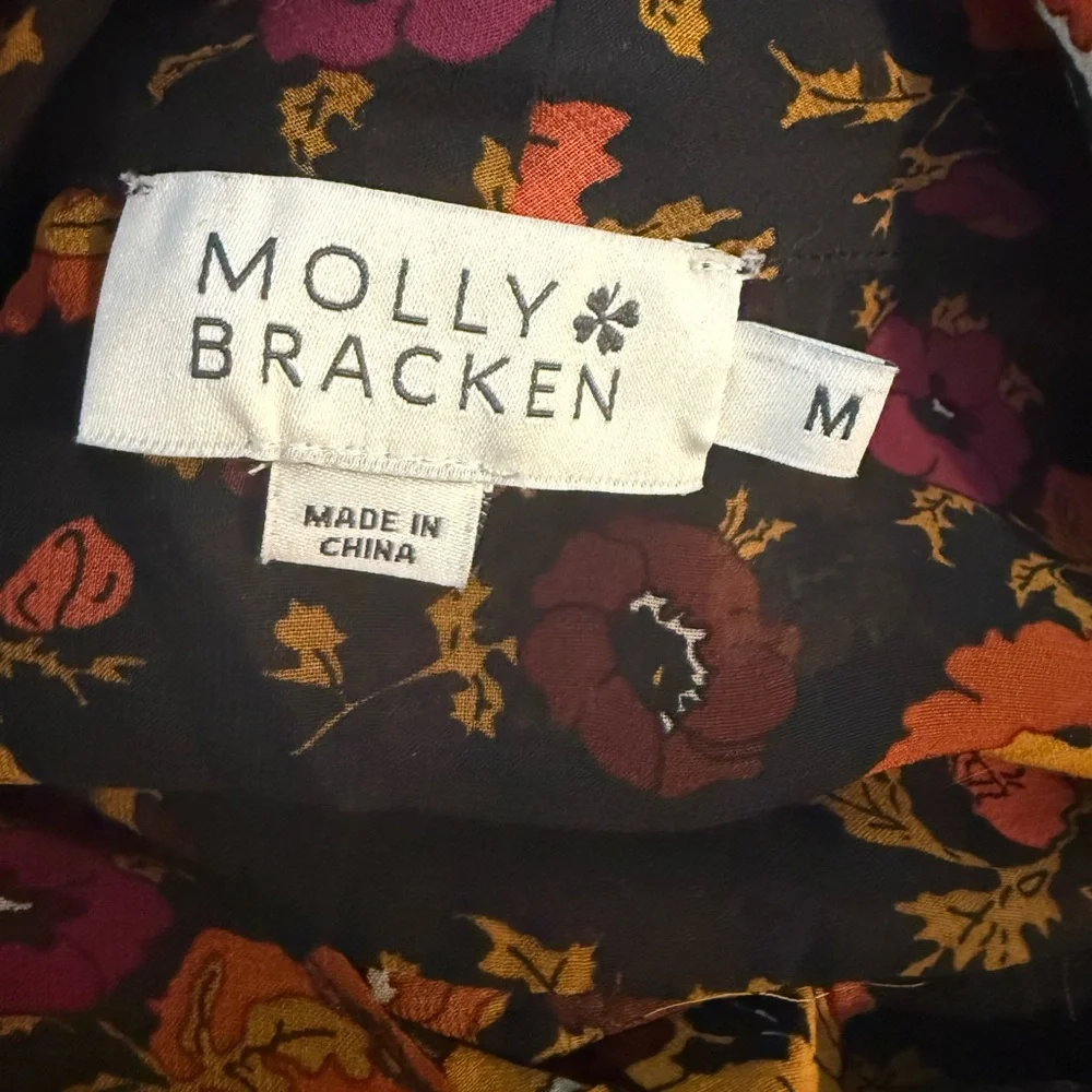 Molly Bracken M Black Floral Tie Neck Blouse Chiffon Long Sleeve Top - Picture 6 of 7